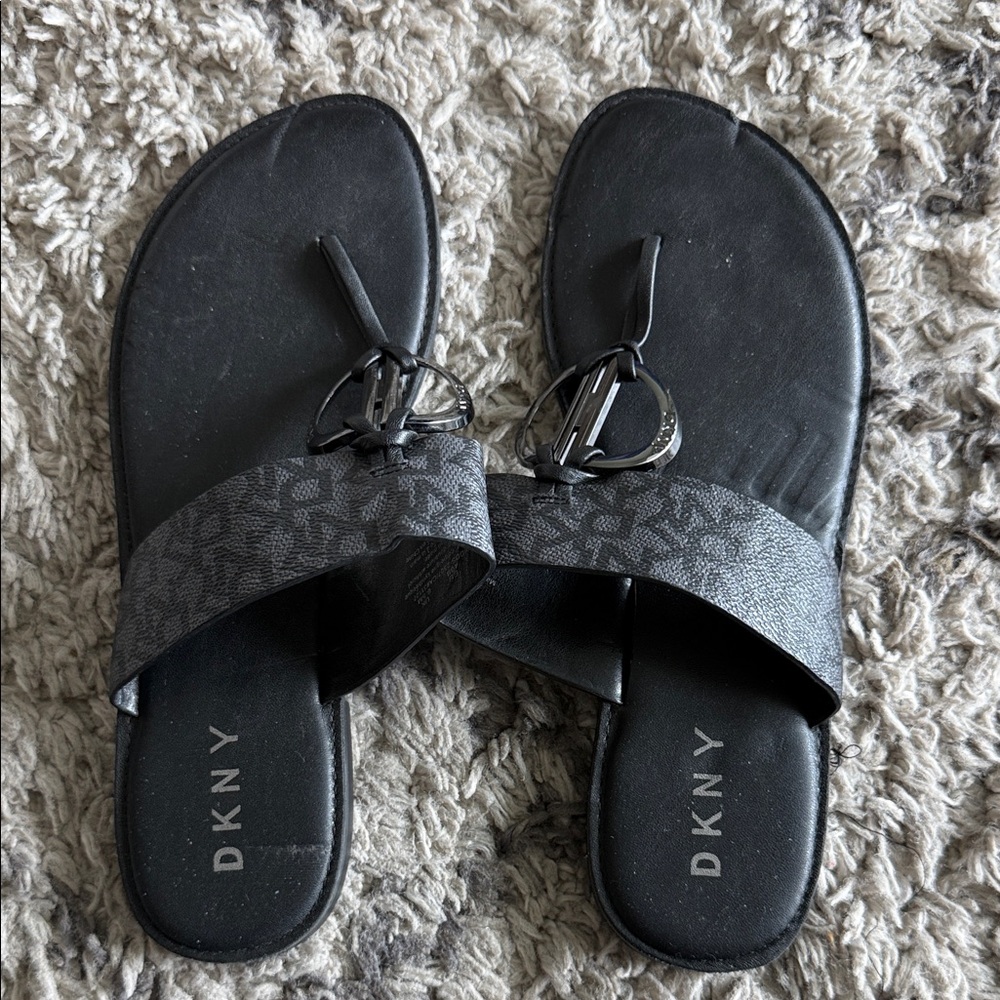 DKNY Black Patterned Logo Toe-Ring Slides - image 1